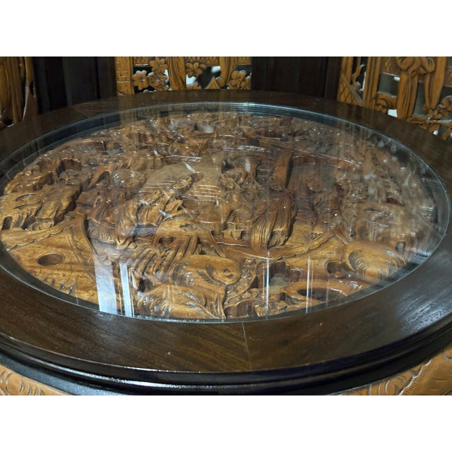 Mid-20th Century Hand-Carved Chinese Low Tea Table Set With 4 Nesting Stools & Matching Folding Screen - 6 Pieces For Sale - Image 11 of 12