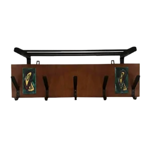 Vintage Teak Wall Coat Rack with Inlaid Colored Ceramic Tiles, Black Metal Hooks & Hat Shelf, 1970s