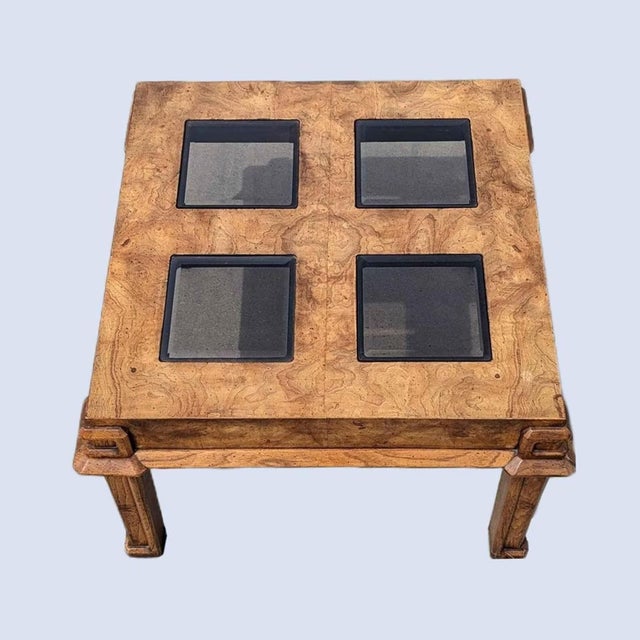 1970s Postmodern Burl Wood and Smoked Glass Square Side Table, 1970s For Sale - Image 5 of 10
