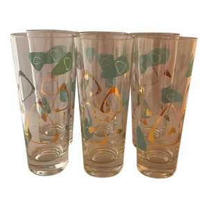 1950s Mid-Century Modern Federal “Contemporary #4695” Atomic Turquoise Amoeba Boomerang Tumblers - Set of 6