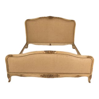 1940s French Louis XV Style Queen Size Burlap Upholstered Bedframe For Sale