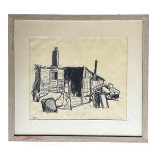 Mid 20th Century Framed Charcoal Sketch of Chicken Coop For Sale