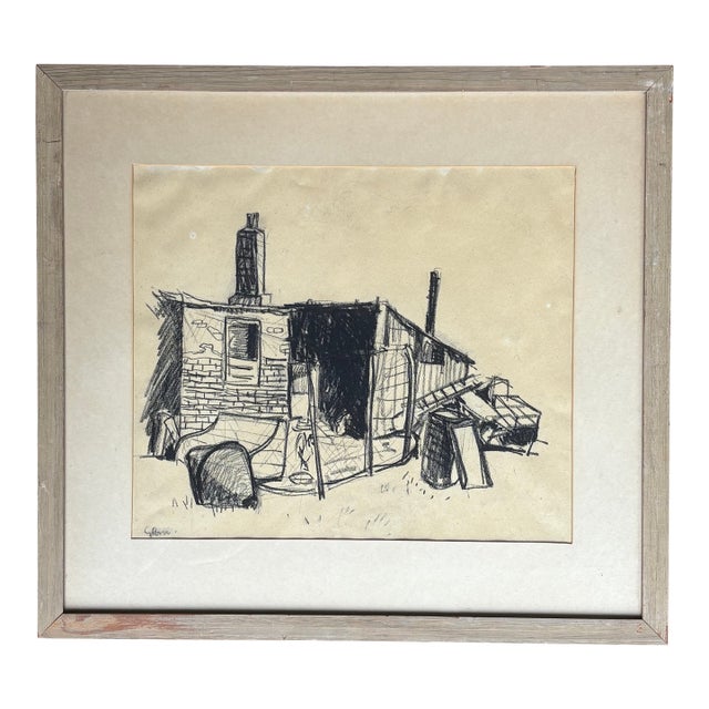 Mid 20th Century Framed Charcoal Sketch of Chicken Coop For Sale