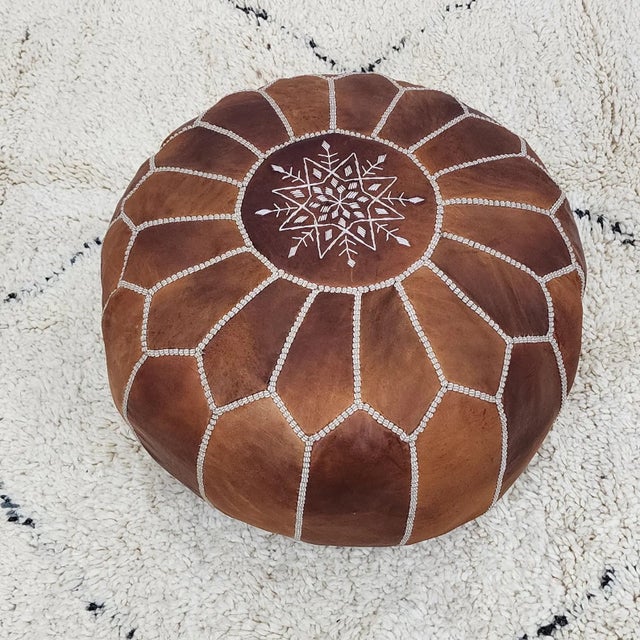2020s Handcrafted Moroccan Leather Pouf Cover – Rich Brown Ottoman, Genuine Goat Leather, Hand-Stitched Marrakech Artisan, Boho Chic Decor For Sale - Image 5 of 6