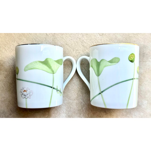 French Country Vintage French Country Hermès "Nil" Porcelain Mugs With Lotus Motif with Gold & Silver Trim – Set of 2 For Sale - Image 3 of 7