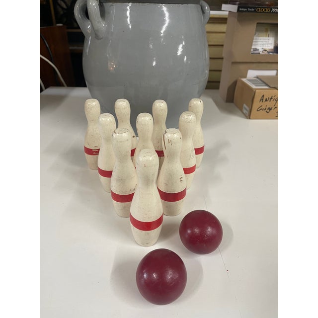 Folk Art Antique Hand Painted Bowling Game Skittles Set For Sale - Image 3 of 15
