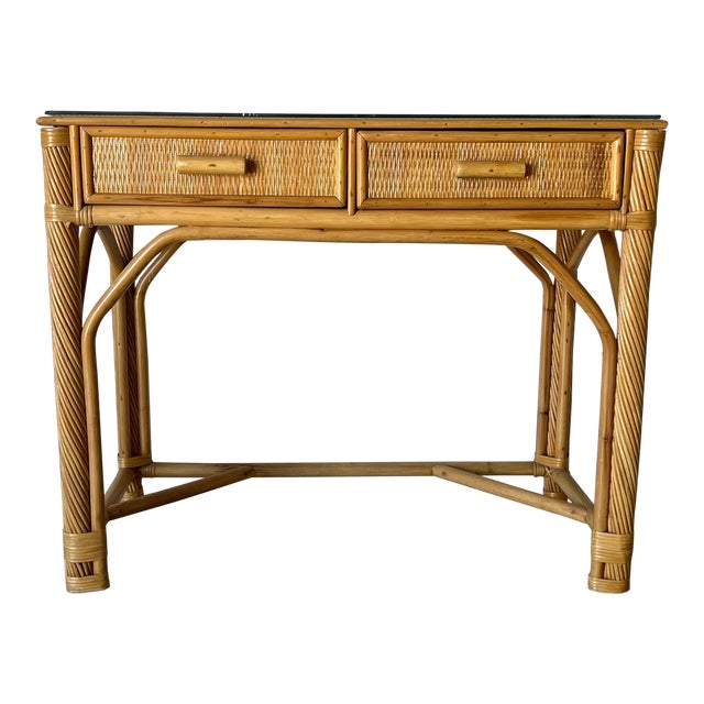 Vintage Rattan Desk or Vanity With Glass Top Chairish