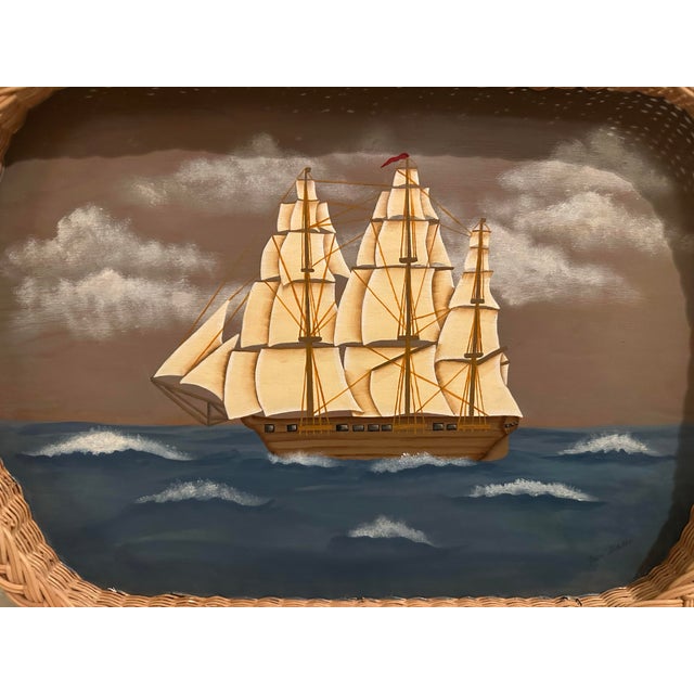 Vintage Nautical Hand Painted Wicker Tray For Sale - Image 4 of 7