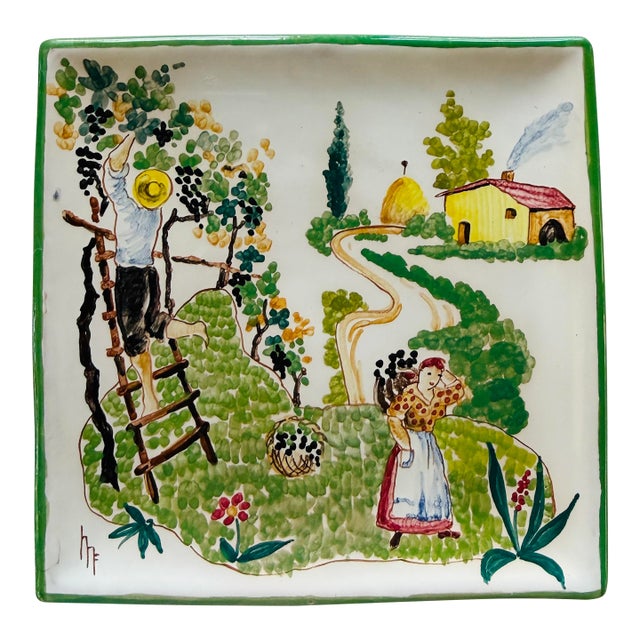 Vintage Italian Hand Painted Autumn Wall Plate Harvest Scene 6.25 Inch For Sale