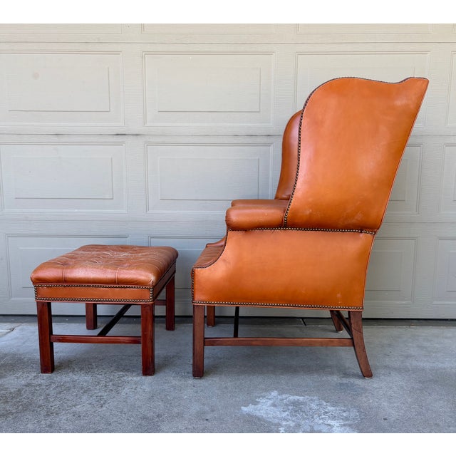 Schafer Brothers Vintage Chesterfield Georgian Leather Wing Back Button Tufted Chair Ottoman Brass Nailhead For Sale - Image 4 of 16