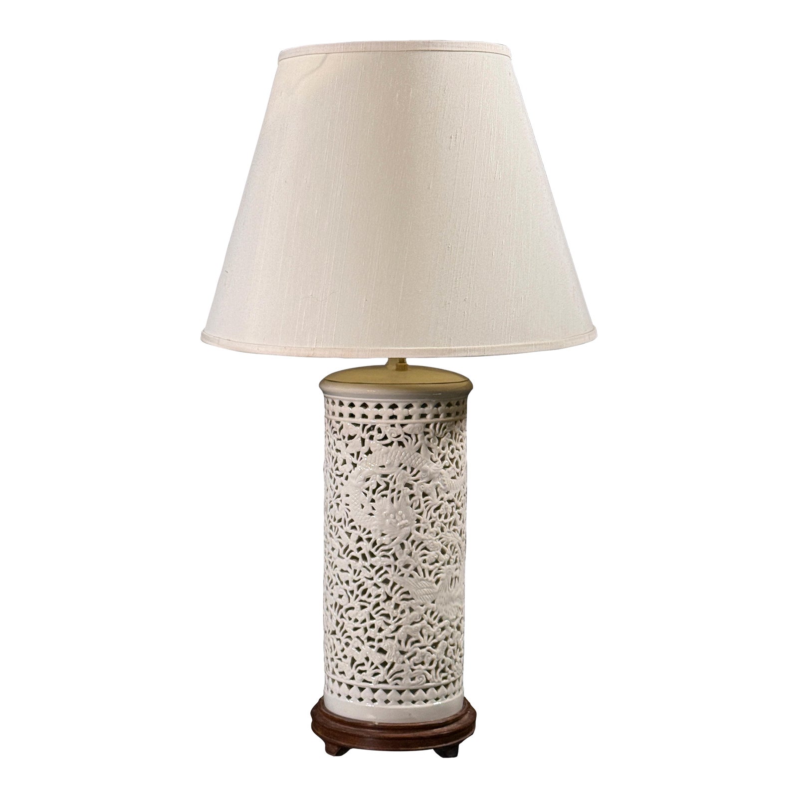 Vintage Chinese Blanc De Chine Reticulated Porcelain Table Lamp With Dragon and Phoenix, 1970s