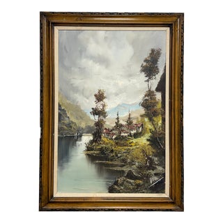 European Lakeside Village Oil Painting, Signed For Sale