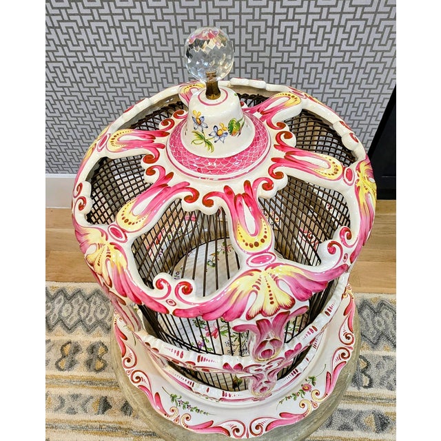 Large French Rococo Hand-Painted Porcelain Bird Cage With Original Floral Tray & Bird For Sale - Image 4 of 17