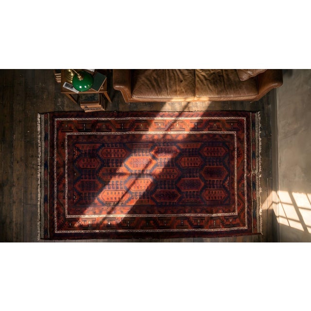 Textile 1900s Blue Navy Geometric Antique Afghan Baluch Rug 4'9" X 7'8" Handknotted Wool Carpet For Sale - Image 7 of 9