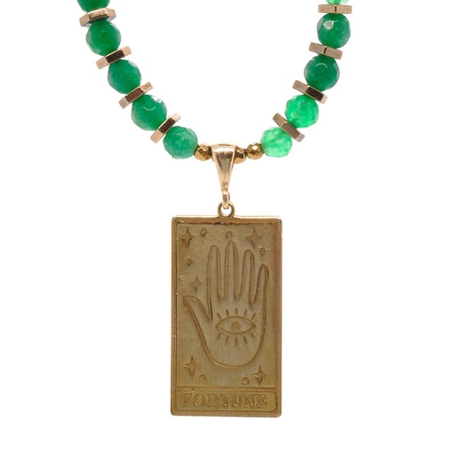 Tarot Good Fortune Gold Pendant Green Beaded Necklace For Sale - Image 11 of 11