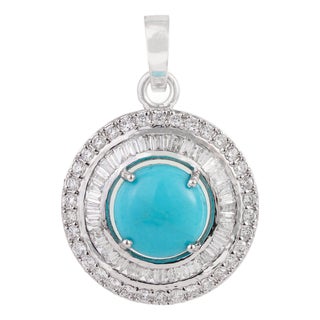 Certified 14k White Gold 1.46ct Round Turquoise & Baguette Diamond Halo Pendant For Sale