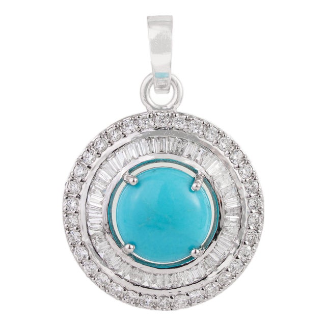 Certified 14k White Gold 1.46ct Round Turquoise & Baguette Diamond Halo Pendant For Sale