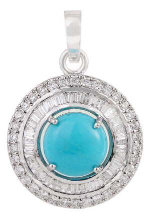 Certified 14k White Gold 1.46ct Round Turquoise & Baguette Diamond Halo Pendant