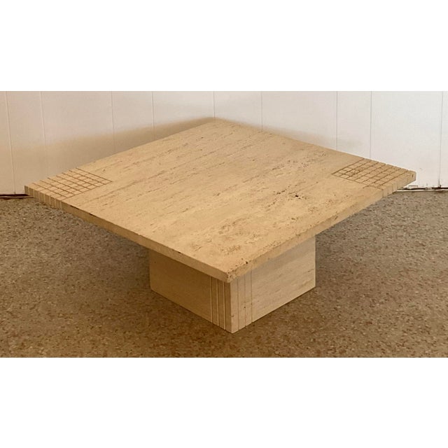 Contemporary Vintage Boho Scored Travertine Side Table For Sale - Image 3 of 12