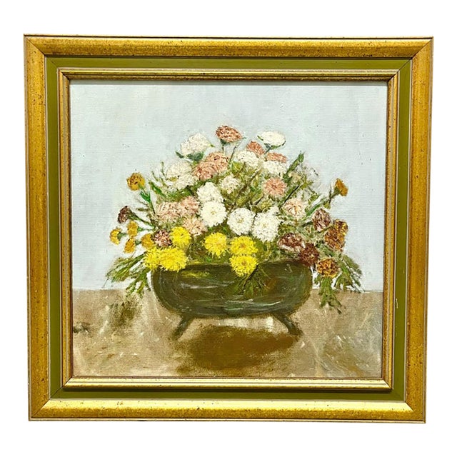Vintage Folk Art Floral Still Life Oil on Board For Sale
