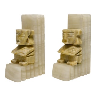 Mesoamerican Style Carved Onyx or Alabaster Bookends a Pair For Sale