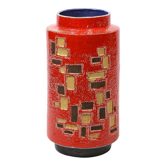 Mid-Century Modern Scarlet Red Handpainted Umbrella Stand w/ Rectilinear Details For Sale