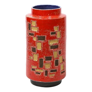 Mid-Century Modern Scarlet Red Handpainted Umbrella Stand w/ Rectilinear Details
