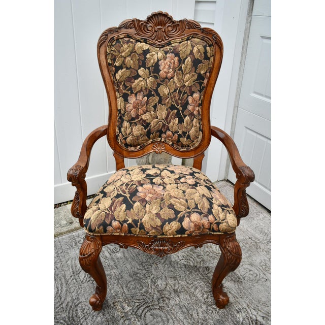Vintage Pair of Thomasville Carved Tuscan Style Arm Chairs W/Floral Fabric For Sale - Image 10 of 11