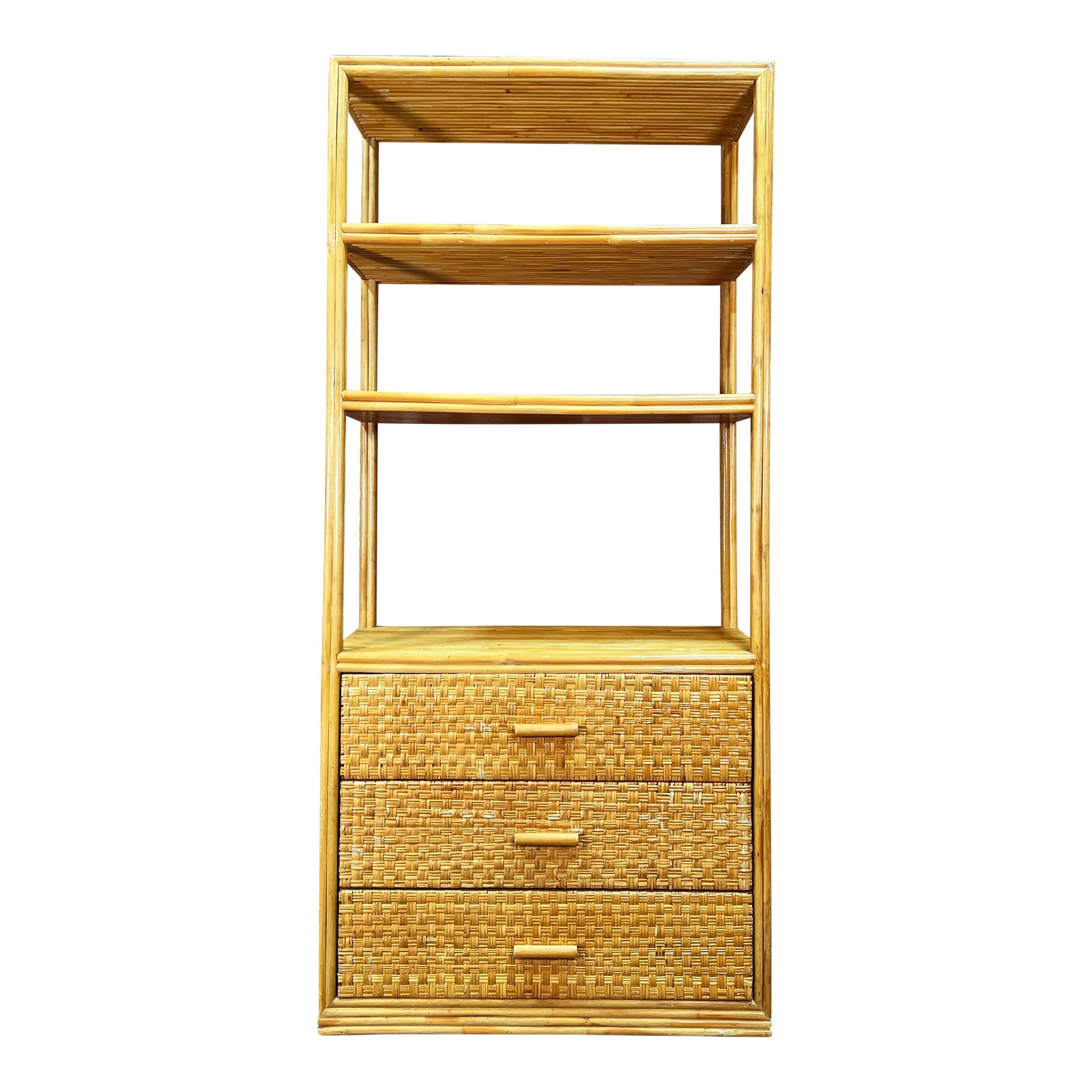 Vintage BoHo Bamboo & Rattan 3 Drawer Etagere Bookcase