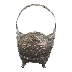 Antique German .800 Silver Repousse Cherub & Foliage Candy Bon Bon Basket
