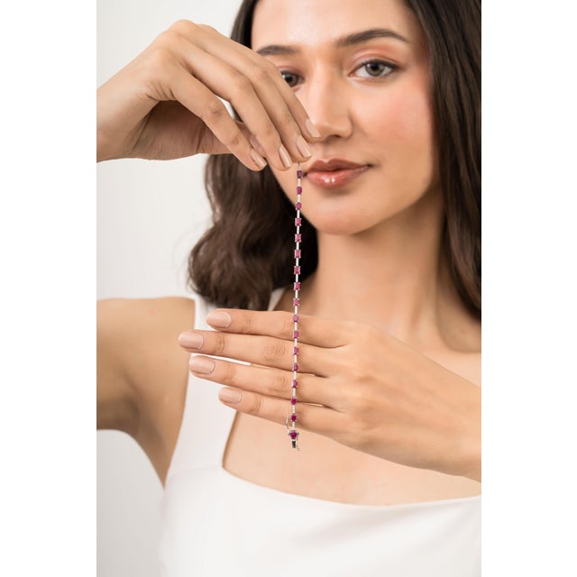 Modern 14k White Gold 5.95ct Natural Ruby & Diamond Tennis Bracelet 6.5 Inches For Sale - Image 9 of 14