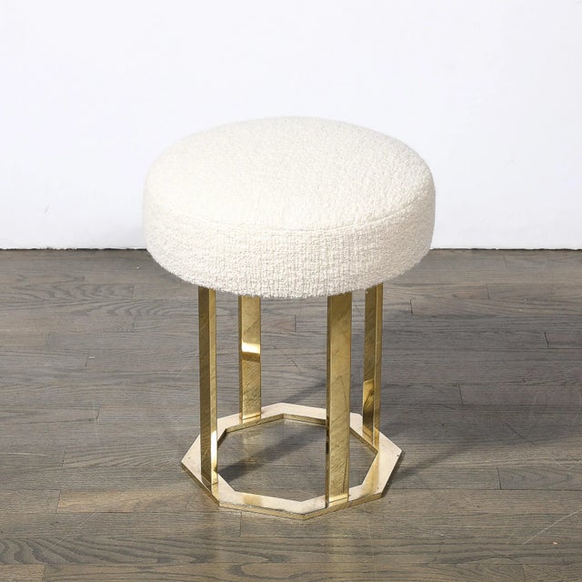 This well balanced and geometric Mid-Century Modernist Stool W/ Octagonal Polished Brass Base in Holly Hunt Boucle...
