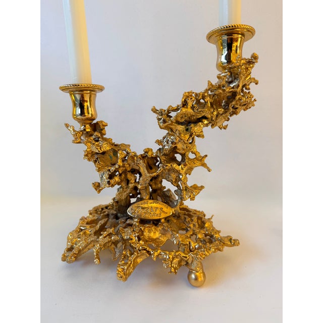 Metal Pair of Gilt Bronze and Quartz Candlesticks by Boeltz, France, 1970s For Sale - Image 7 of 12