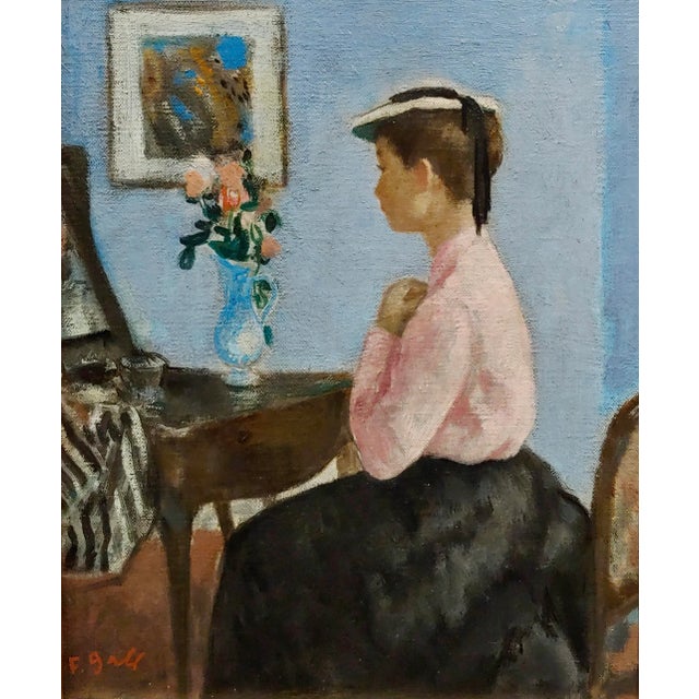 Figurative Francois Gall-Young Elegant Woman in Pink at Her Vanity Desk-Oil Painting For Sale - Image 3 of 9