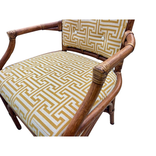 Mustard Palecek Pavilion Rattan Armchairs, Pair, Custom Greek Key Fabric, Hollywood Regency Style For Sale - Image 8 of 12
