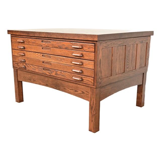Antique Oak Arts & Crafts 5-Drawer Architect's Blueprint Flat File Cabinet, Newly Refinished For Sale