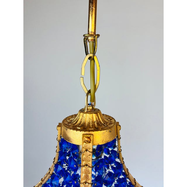 Pair Match 1960s Turkish Mosque Chandelier – Blue Crystal Brass Mid-Century Lighting For Sale - Image 4 of 13