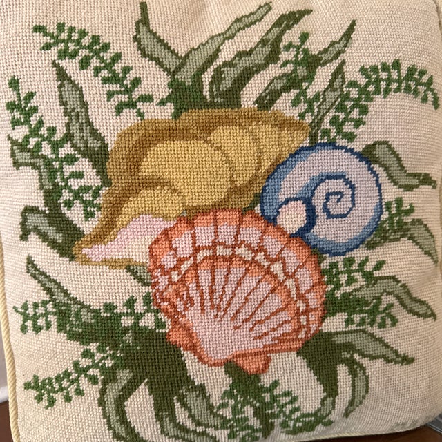 Nautical Vintage Costal Needlepoint Shell Pillow For Sale - Image 3 of 11