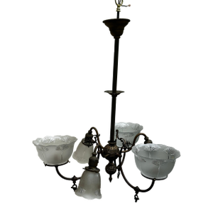 Vintage Brass Gas Electric Six Arm Fixture With Vintage Shades
