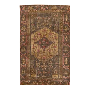 Vintage Distressed Geometric Brown Wool Rug