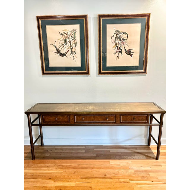 1970’s Mastercraft Attributed Brass Clad Faux Bamboo and Burl Wood 3 Drawer Console Table For Sale - Image 12 of 13