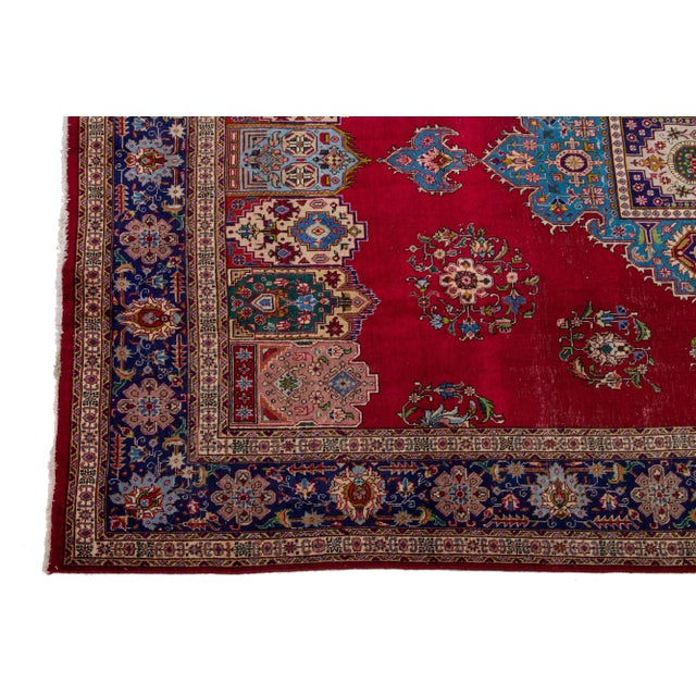 1950s Red Tabriz Persian Wool Rug Handknotted With a Center Medallion Design For Sale - Image 4 of 7