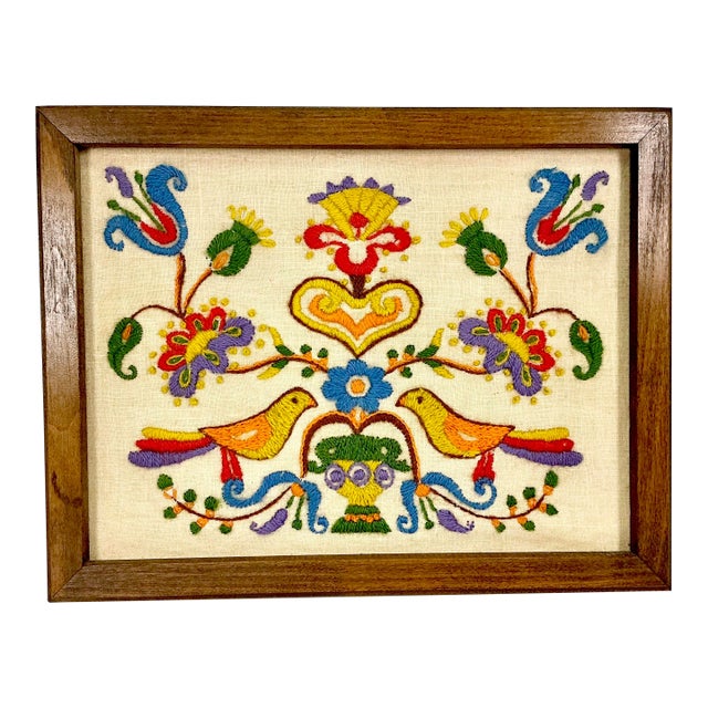 1930s Vintage Gustavian Arts & Crafts Americana Needlepoint Yarn Sampler, Framed. For Sale