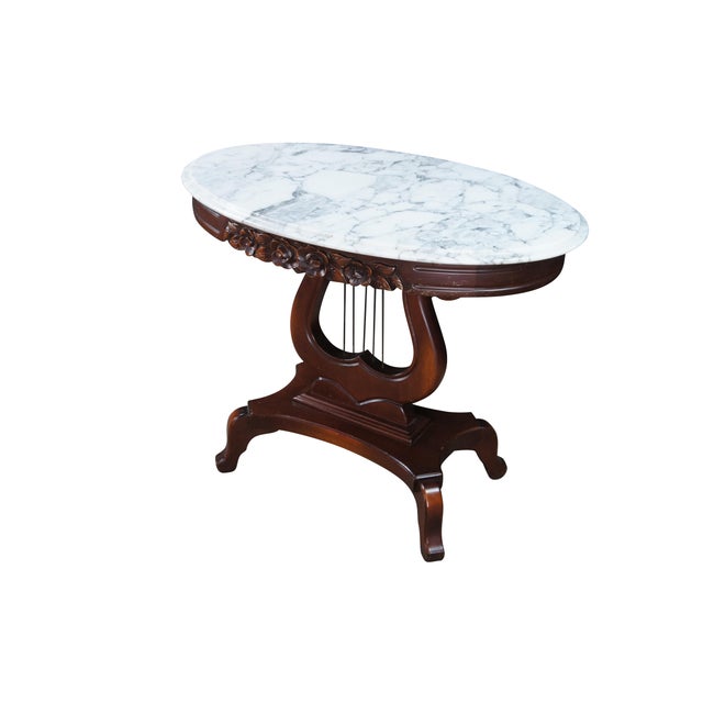 1970s 2 Victorian Revival Cherry Marble Top Lyre Harp Hall Entry Parlor Console Tables For Sale - Image 4 of 13