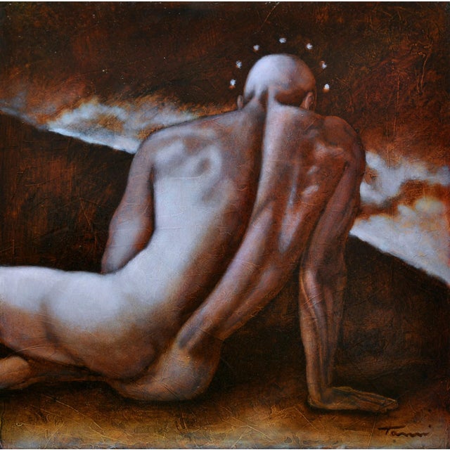 His World by Tammi Otis | Oil Painting of a seated figure with a halo against a dark background For Sale