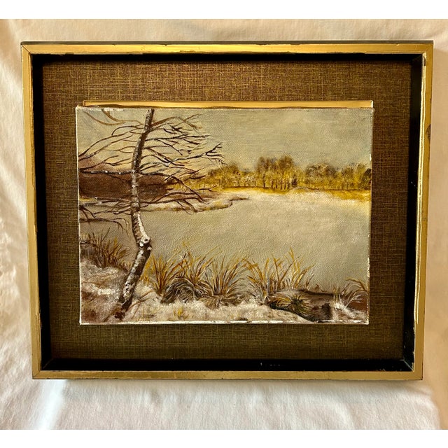 Dove Gray Vintage Original Landscape Winter Frozen Lake Oil on Canvas Signed by the Artist For Sale - Image 8 of 8