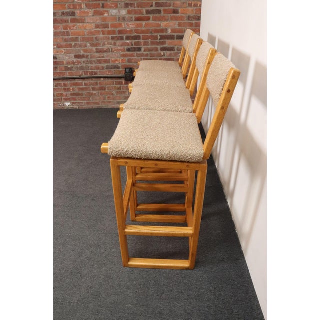 Beige Set of Four Vintage Postmodern Swiveling Bar Stools in Oak and Tawny Bouclé For Sale - Image 8 of 18