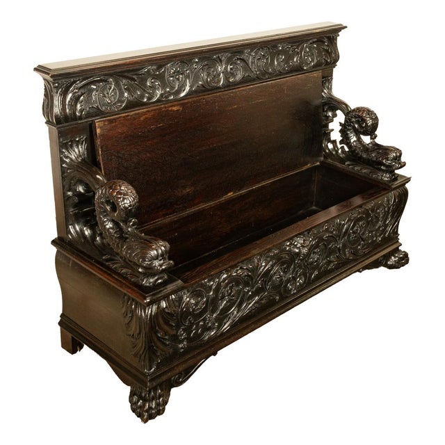 Late 19th Century Antique Italian Renaissance Revival Carved Walnut Hall Bench Chest Dolphins 1870 For Sale - Image 5 of 14