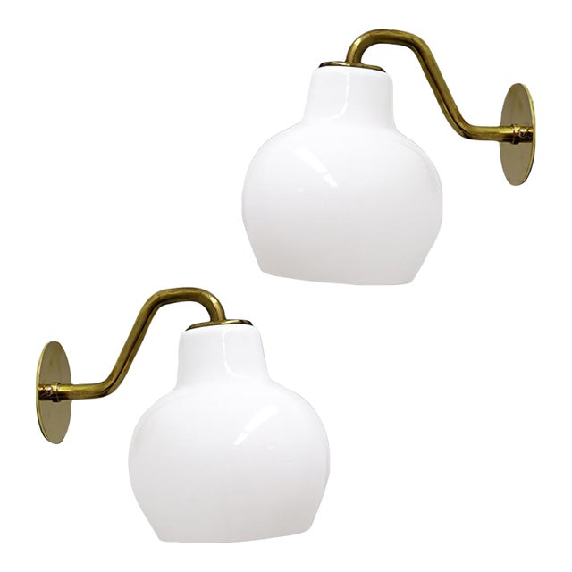 Set of Vilhelm Lauritzen Wall Lights by Louis Poulsen, Brass & Opaline, 1955 For Sale