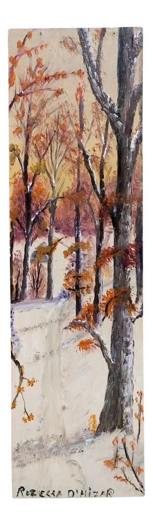 Folk Art Winter Snow Landscape Long Format Painting